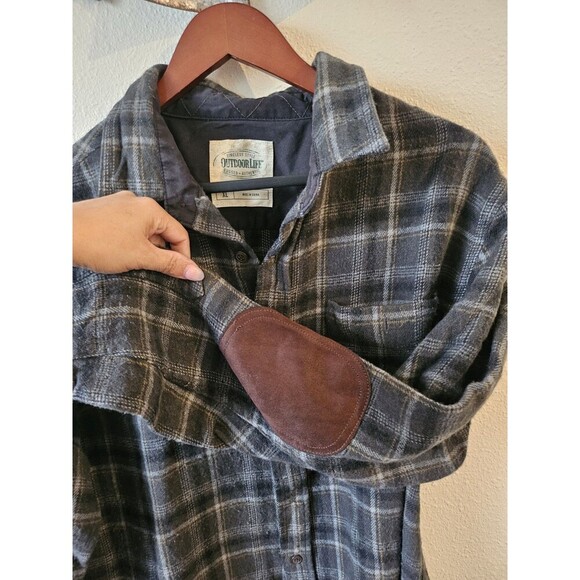 Outdoor Life Slim Fit Gray Bown Men's Elbow Patch Plaid Long Sleeves Top Size XL - Picture 1 of 11